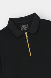 BLACK PIQUE ZIP POLO SHIRT